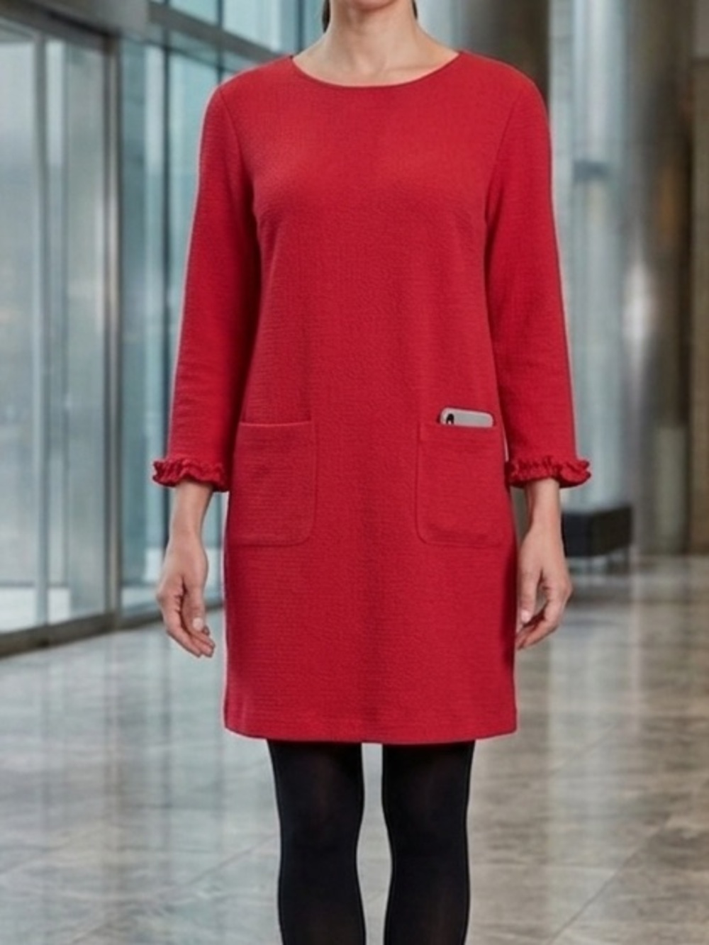 Tabitha Webb Red Ruffle Cuff 2 Pocket Shift Dress Small
